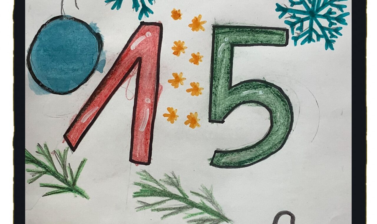 Bunt gestaltetes Bild mit der Zahl 15, Schneeflocken und Weihnachtsmotiven.