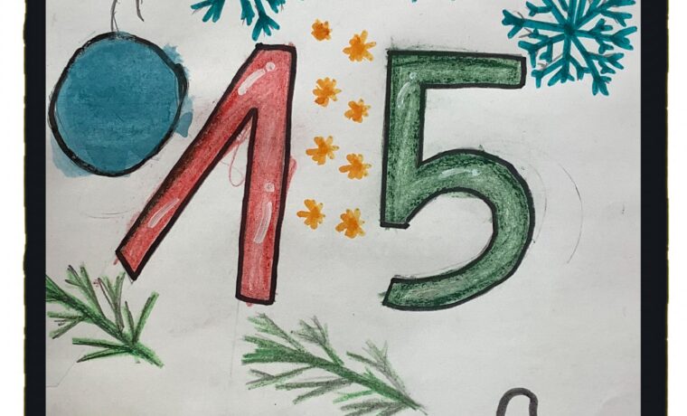 Bunt gestaltetes Bild mit der Zahl 15, Schneeflocken und Weihnachtsmotiven.