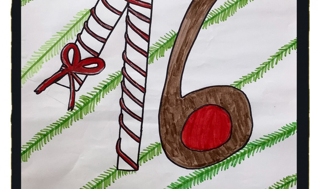 Ein Adventskalenderblatt mit der Zahl 16, einem Rentierkopf und Zuckerstangen.
