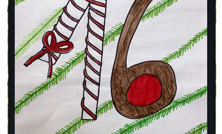 Ein Adventskalenderblatt mit der Zahl 16, einem Rentierkopf und Zuckerstangen.