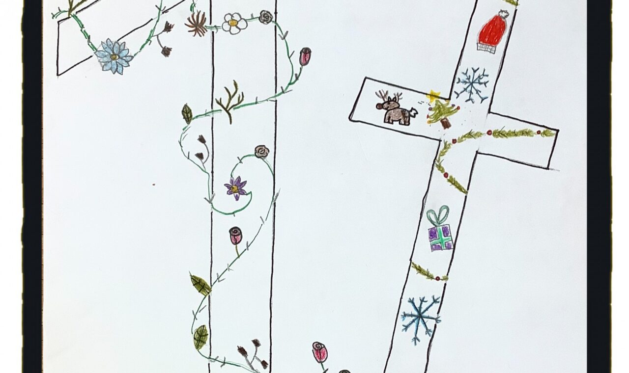 Buntes, handgemaltes Plakat mit der Zahl 17 und Weihnachtsmotiven.