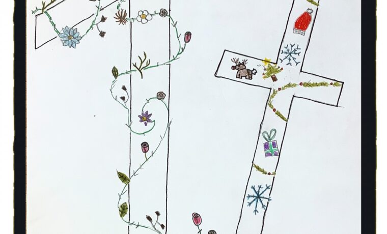 Buntes, handgemaltes Plakat mit der Zahl 17 und Weihnachtsmotiven.