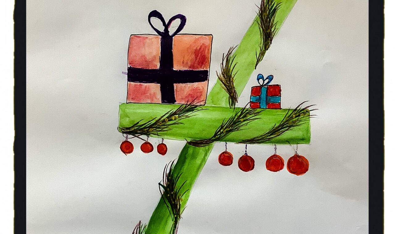 Die Zahl 7 ist mit Tannenzweigen gestaltet, umgeben von Geschenken und Weihnachtskugeln.