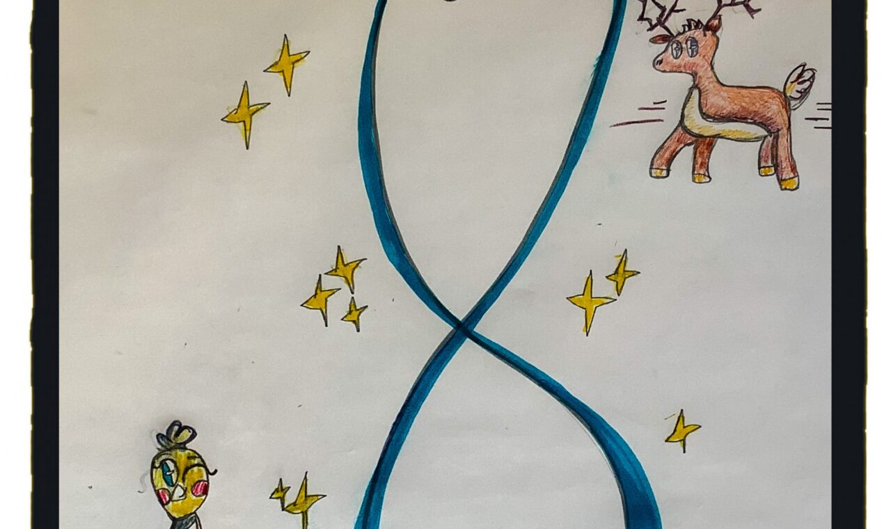 Eine bunte Zeichnung mit der Zahl 8, einem Hase, einem Rentier, und einer beschenkten Tanne.
