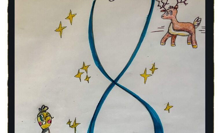Eine bunte Zeichnung mit der Zahl 8, einem Hase, einem Rentier, und einer beschenkten Tanne.