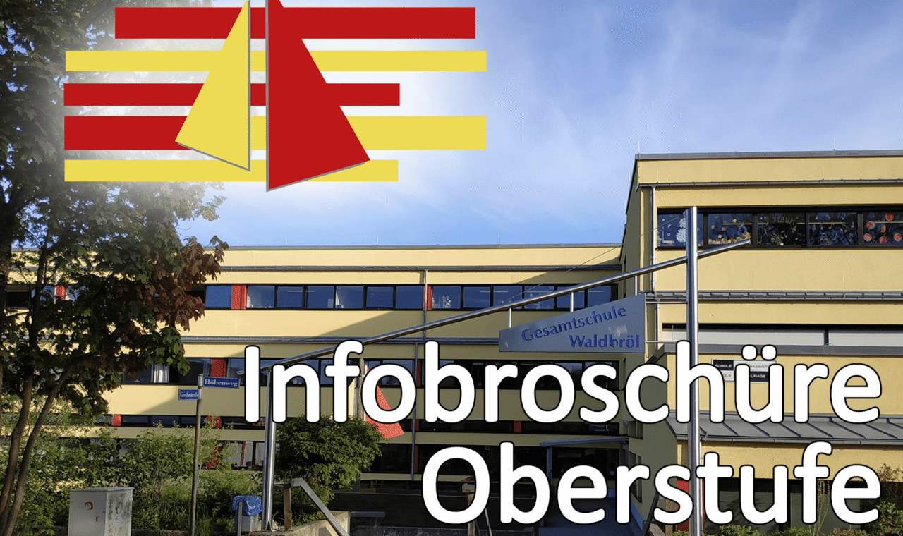 Infobroschüre zur Oberstufe mit Schulgebäude im Hintergrund.