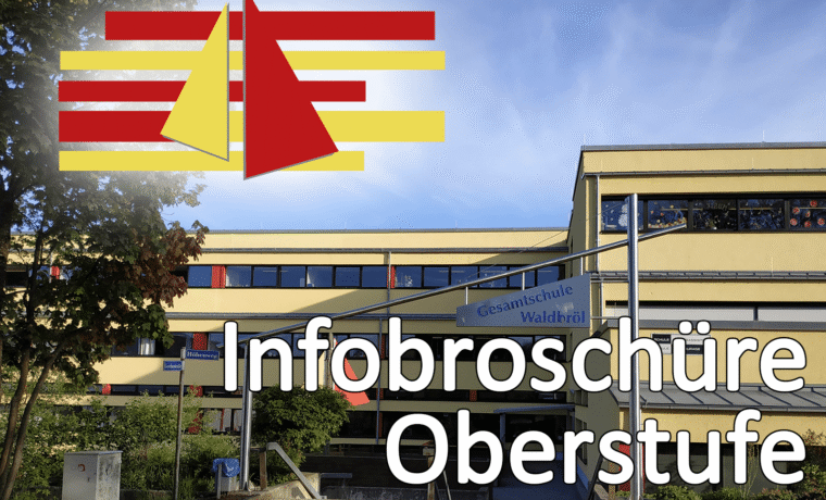 Infobroschüre zur Oberstufe mit Schulgebäude im Hintergrund.