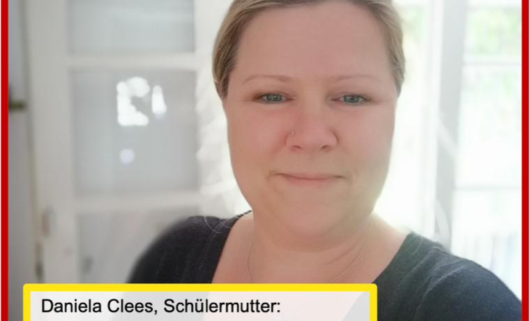 Frau mit hellem Hintergrund und Info zur individuellen Förderung an der Gesamtschule Waldbröl.