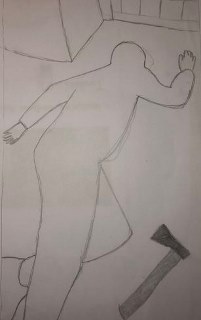 Eine skizzierte Figur liegt am Boden, daneben eine Axt und eine offene Tür.