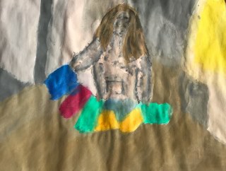 Ein künstlerisches Bild einer Person mit langen Haaren, die farbige Kleidung trägt.