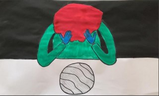Eine Zeichnung von einer Person mit rotem Kopf und grünem Körper, die einen Ball betrachtet.
