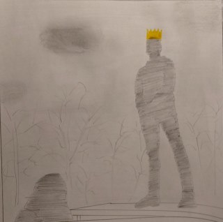 Männliche Silhouette mit Krone, umgeben von grauer Landschaft und Bäumen.