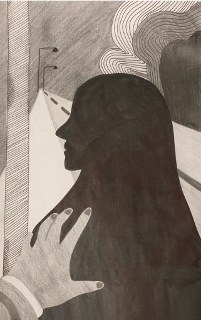 Silhouette einer Person mit Hand, Straße und Laternen im Hintergrund.