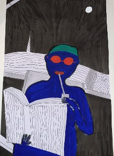 Eine stilisierte Figur in blauer Farbe liest ein großes Buch. Zoom auf die Figur mit Sonnenbrille.