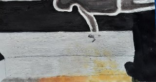 Abstrakte Malerei mit schwarzen und grauen Farbtönen sowie einem orangefarbenen Bereich.