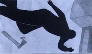 Silhouette einer fallenden Person auf einem hellen Hintergrund.