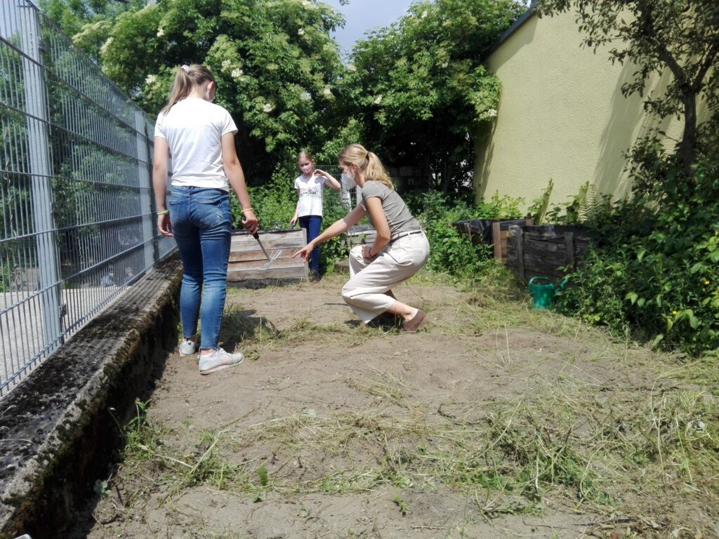 Personen im Garten beim Arbeiten und Pflegen der Pflanzen.