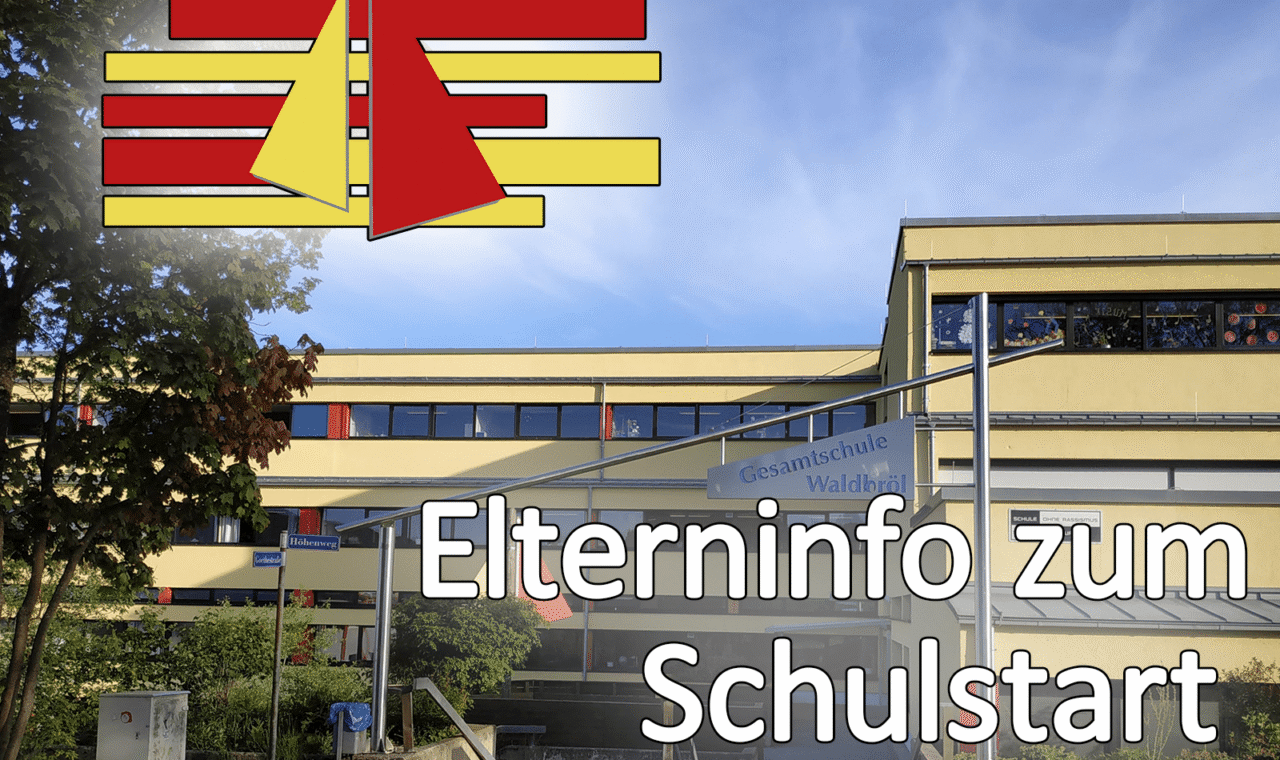 Schulgebäude mit Banner „Elterninfo zum Schulstart“ und Logo im oberen Bereich.