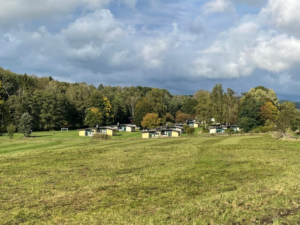 Blick auf eine Wiese mit mehreren kleinen Hützchen und Bäumen im Hintergrund.