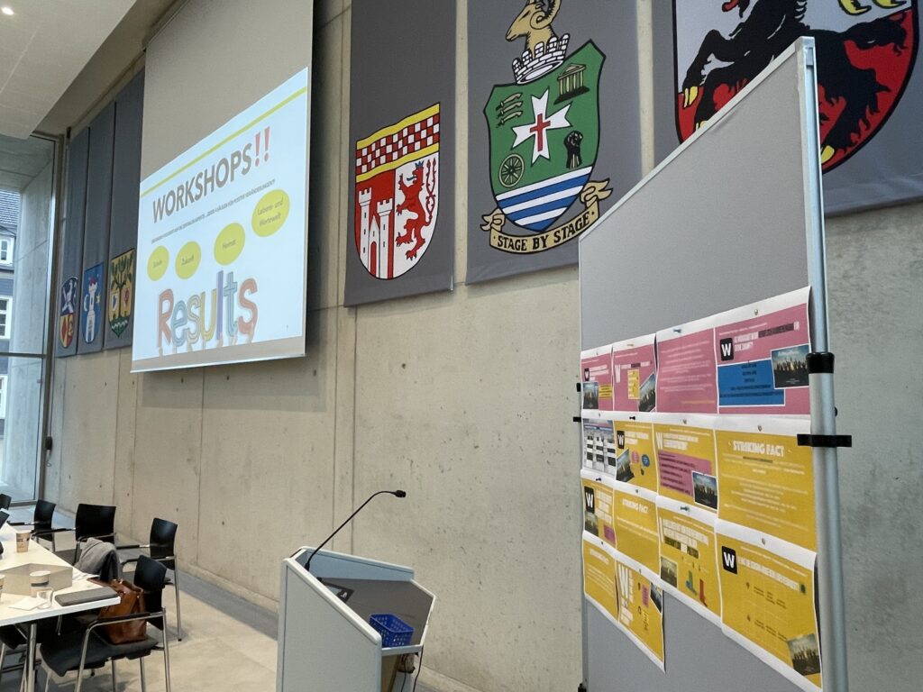 Raum mit Präsentation, Tischen und Plakaten zu Workshops und Ergebnissen.