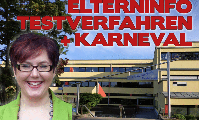 Elterninfo über Testverfahren und Karneval vor einem Schulgebäude.
