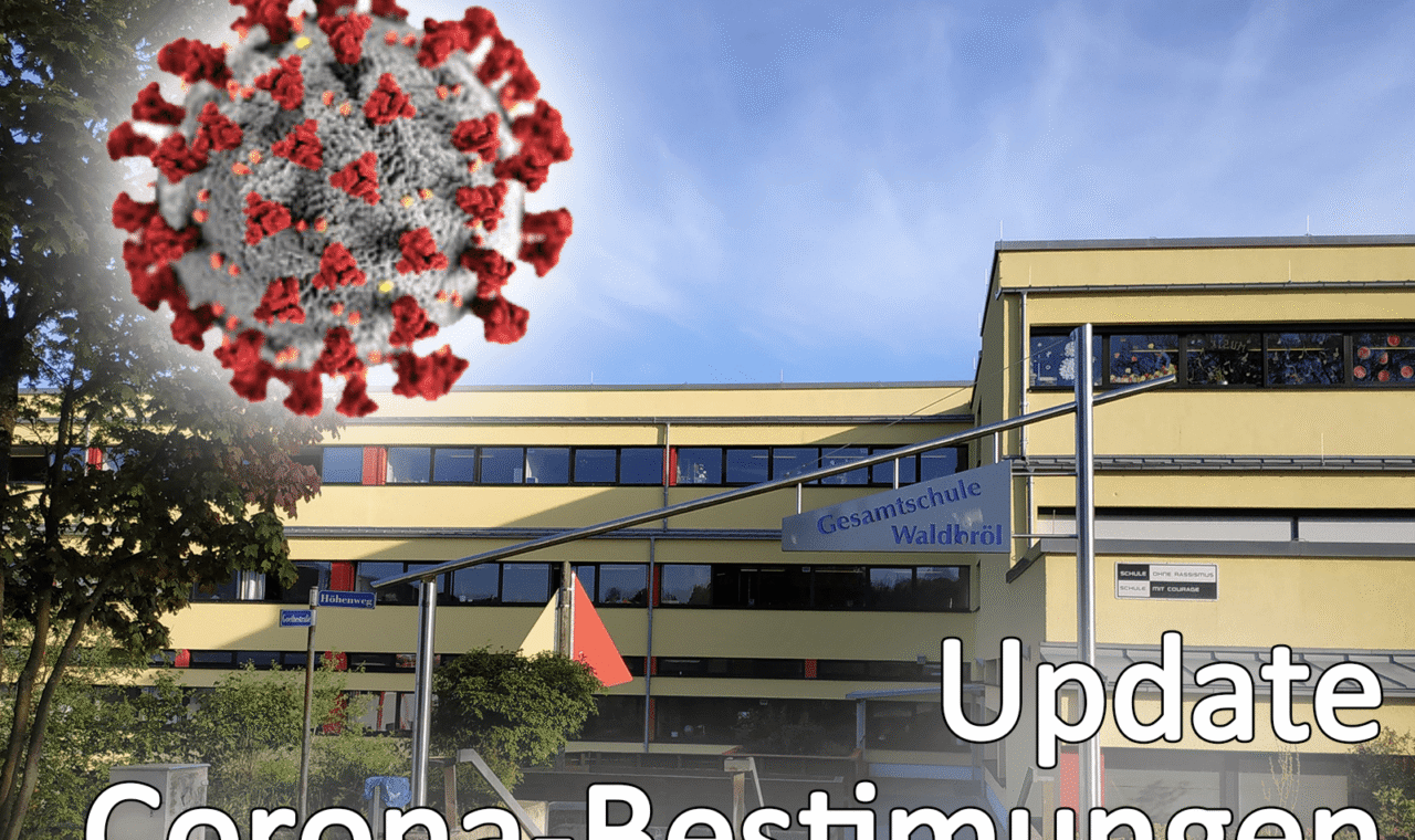 Schulgebäude mit Hinweis auf Update der Corona-Bestimmungen und Virusgrafik.