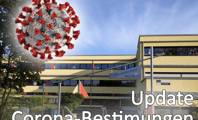 Schulgebäude mit Hinweis auf Update der Corona-Bestimmungen und Virusgrafik.