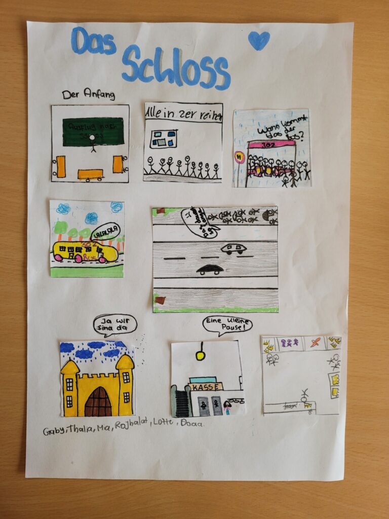 Kinderzeichnung mit verschiedenen Szenen und einem Schloss, bunt illustriert.