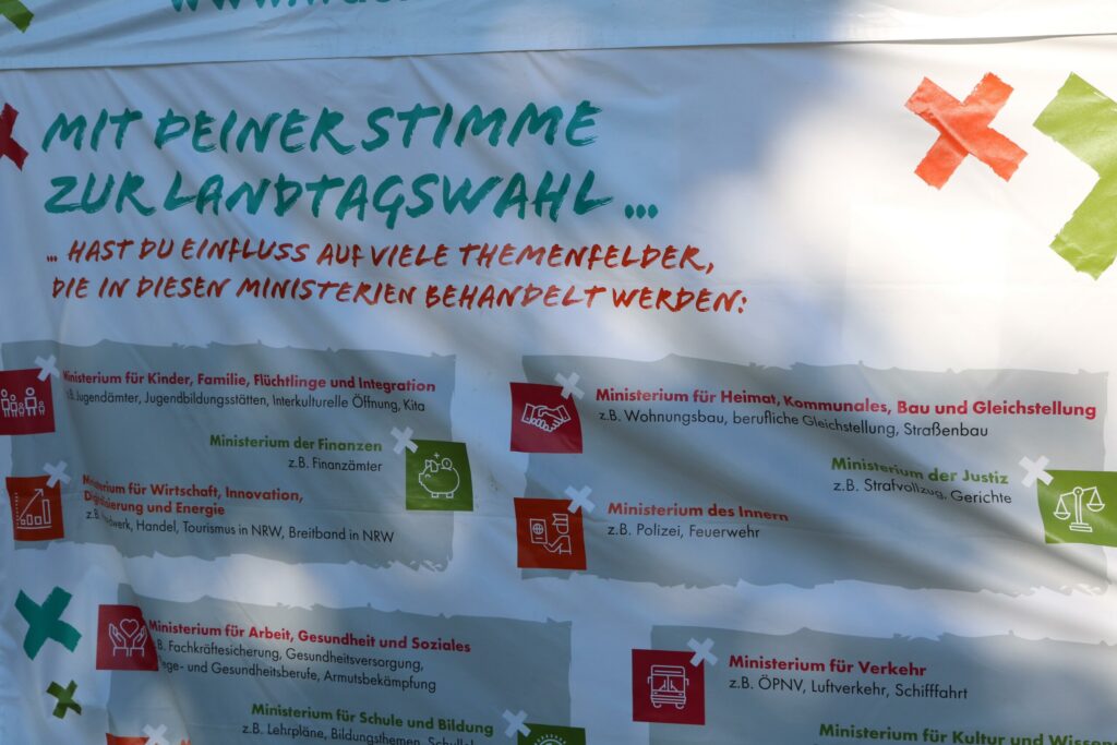 Informationstafel zur Landtagswahl mit verschiedenen Themenfeldern.