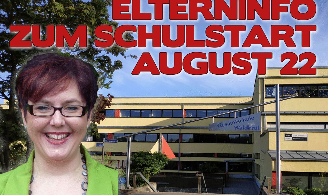 Elterninfo zum Schulstart im August 2022 mit einem freundlichen Gesicht und Schulgebäude.