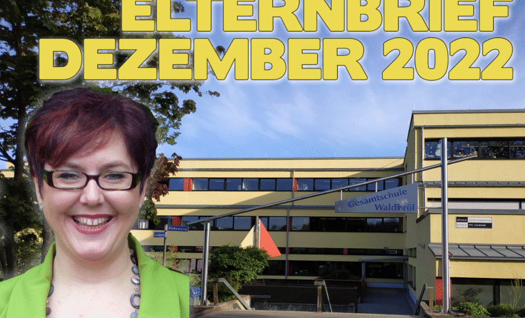Elternbrief Dezember 2022 mit Schule und lächelnder Frau im Vordergrund.
