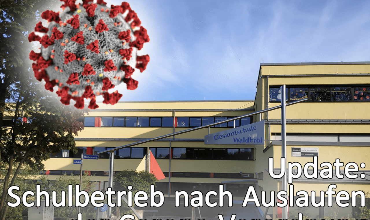Logo des Coronavirus neben einem Schulgebäude mit Informationsupdate.