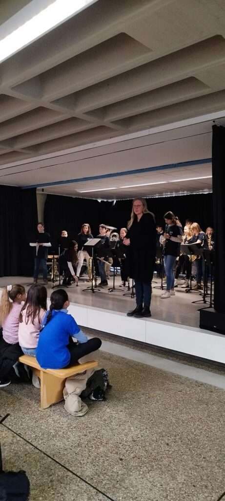 Musikaufführung mit einem Orchester auf der Bühne; Zuschauer sitzen davor.