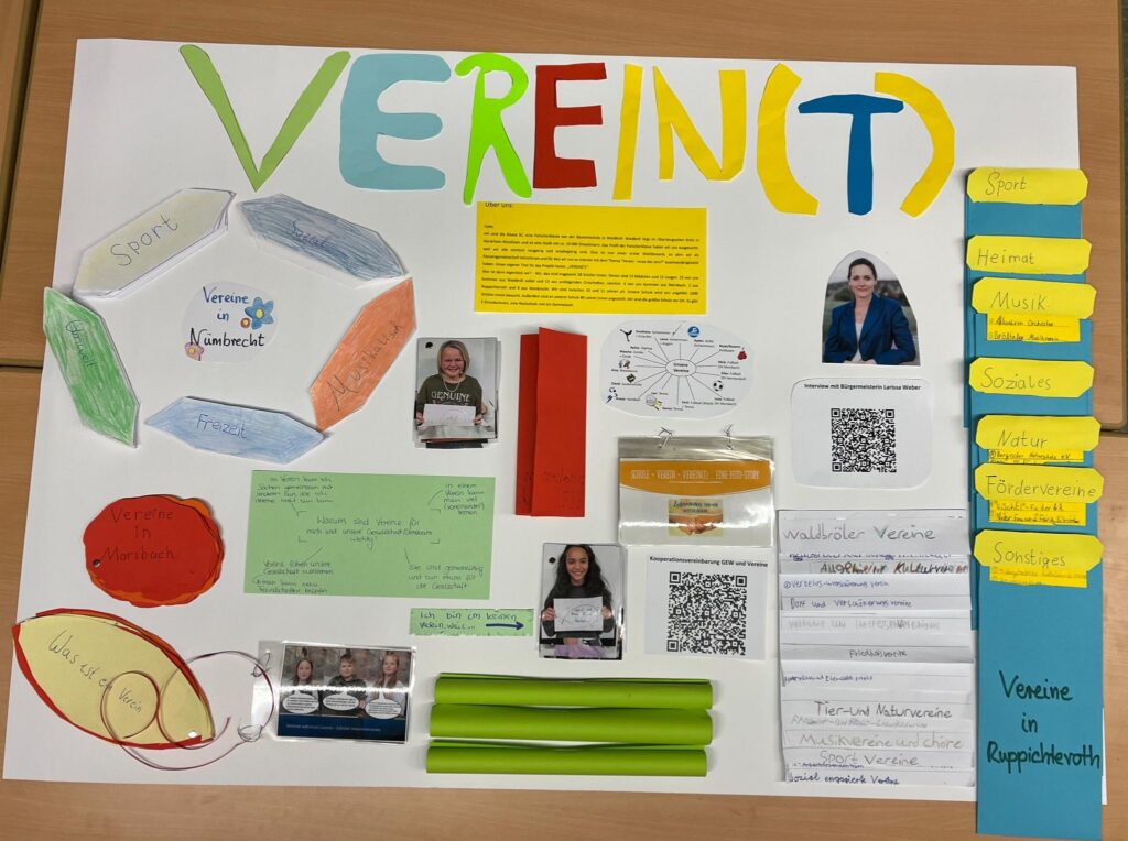 Plakat mit dem Titel "VEREIN(T)", enthält Texte, Bilder und bunte Gestaltungselemente.