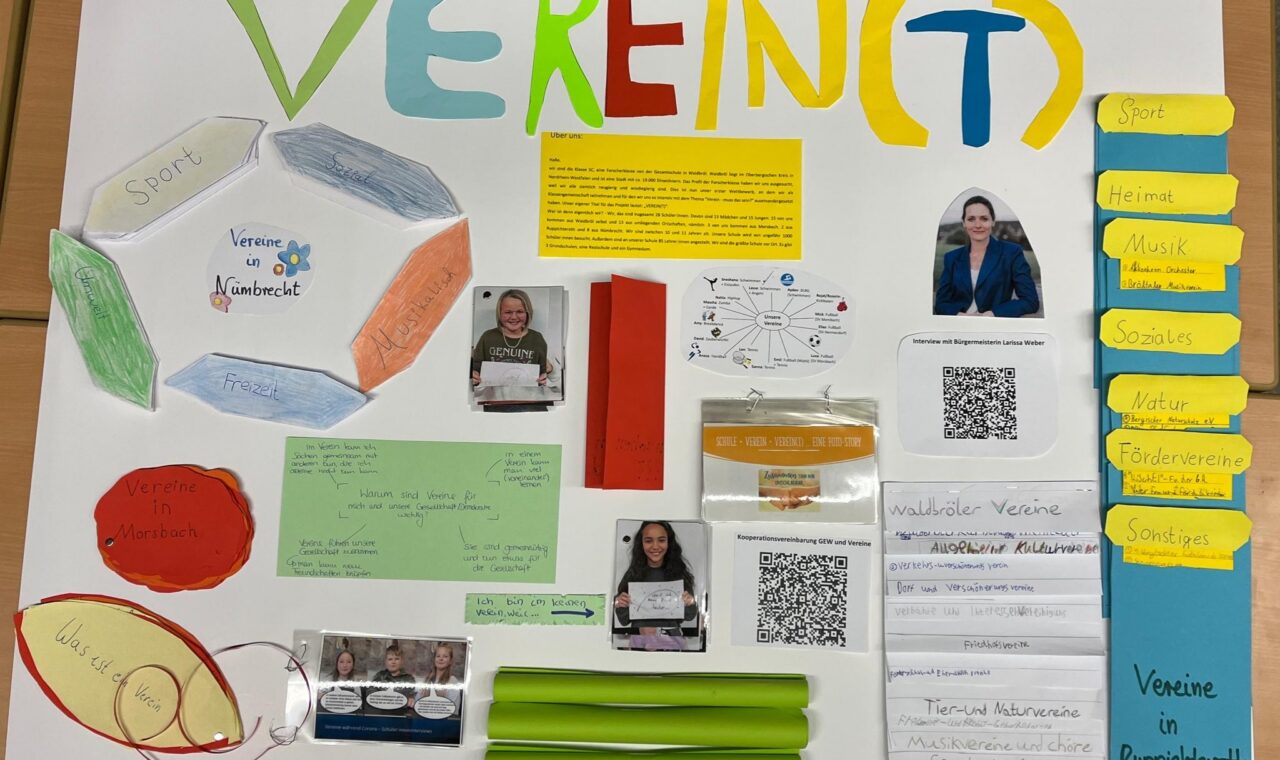Plakat mit dem Titel "VEREIN(T)", enthält Texte, Bilder und bunte Gestaltungselemente.