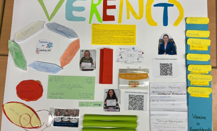Plakat mit dem Titel "VEREIN(T)", enthält Texte, Bilder und bunte Gestaltungselemente.