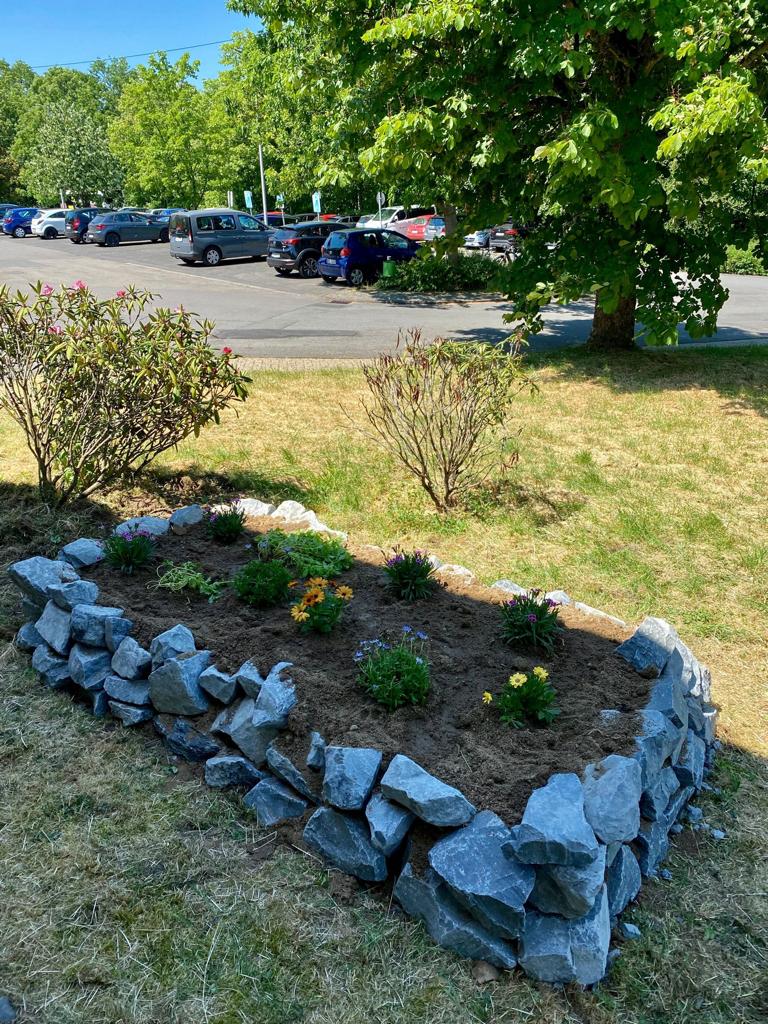 Steingarten mit Blumenbeeten und Büschen, im Hintergrund ein Parkplatz.