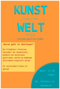 Plakat für Veranstaltung "Kunst und Welt" mit Informationen zur Lesung.