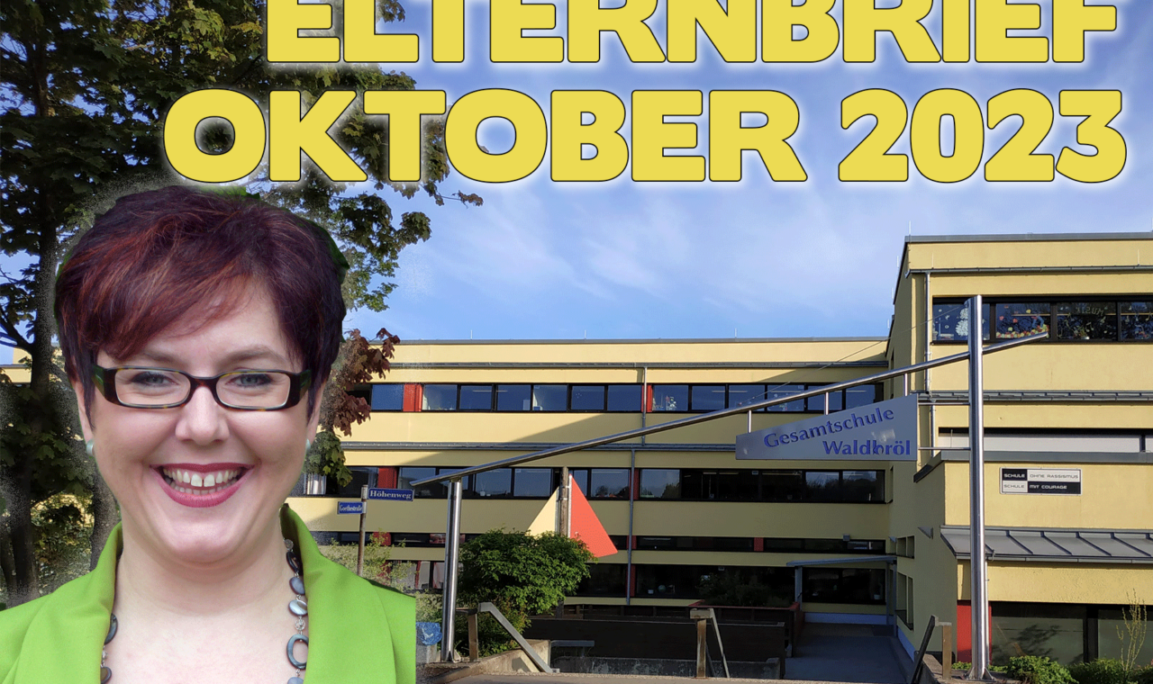 Elternbrief Oktober 2023 mit Schulgebäude und lächelnder Person im Vordergrund.