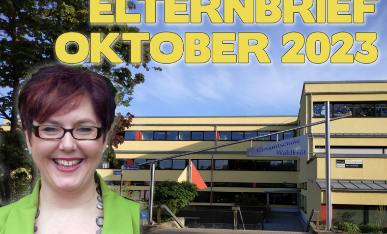 Elternbrief Oktober 2023 mit Schulgebäude und lächelnder Person im Vordergrund.