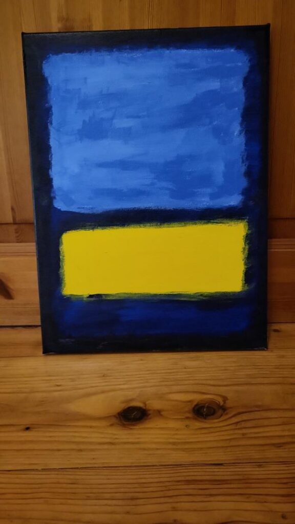 Abstrakte Malerei mit blauen und gelben Rechtecken auf schwarzem Grund.