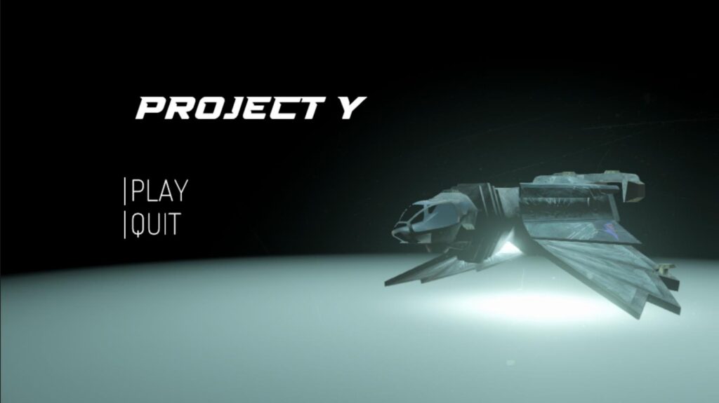 Raumschiff in einem futuristischen Design, Titel "PROJECT Y" und Optionsknöpfe.