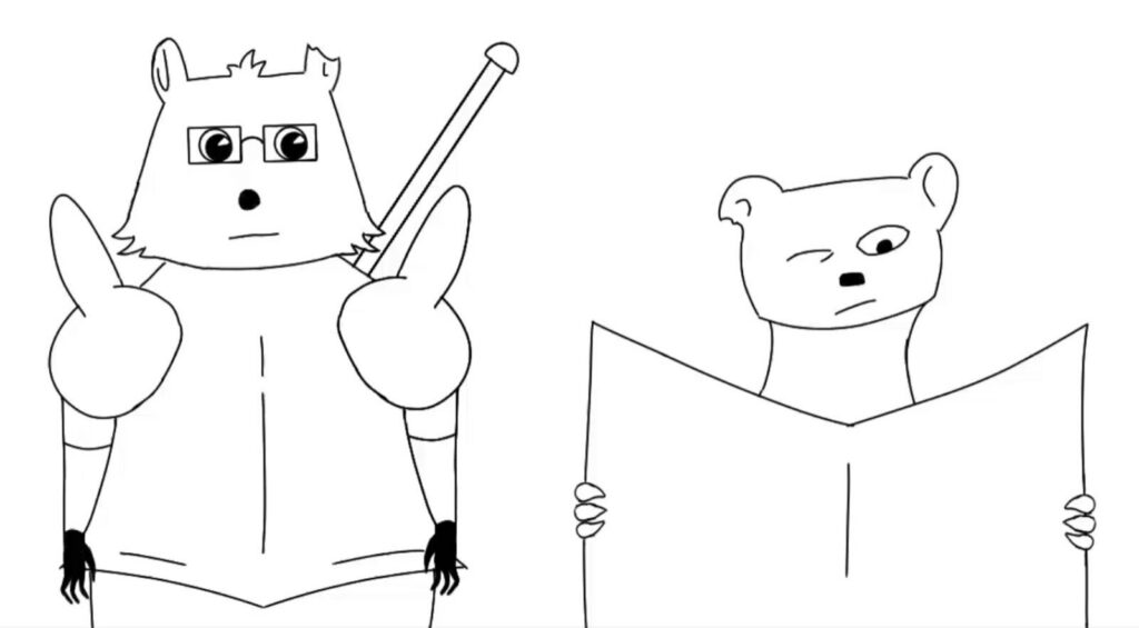 Zwei cartoonartige Bären, einer trägt Rüstung und hält einen Stock. Der andere liest eine Karte.