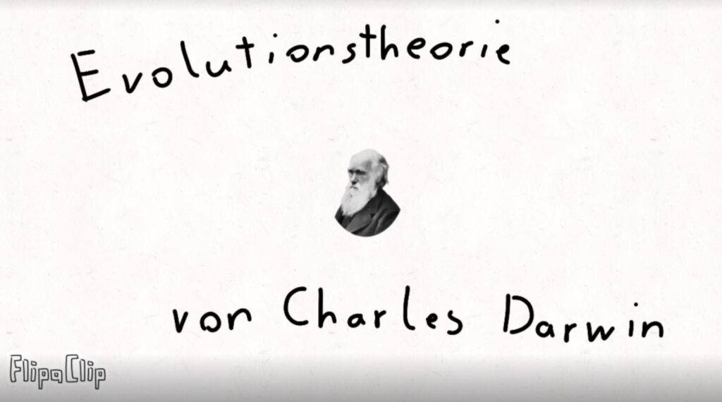 Titel der Evolutionstheorie von Charles Darwin mit einer Illustration.