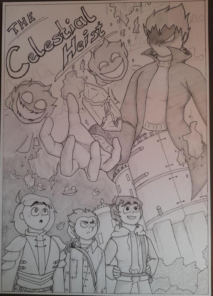 Illustration mit vier Charakteren vor einer fantasievollen Hintergrundszene.