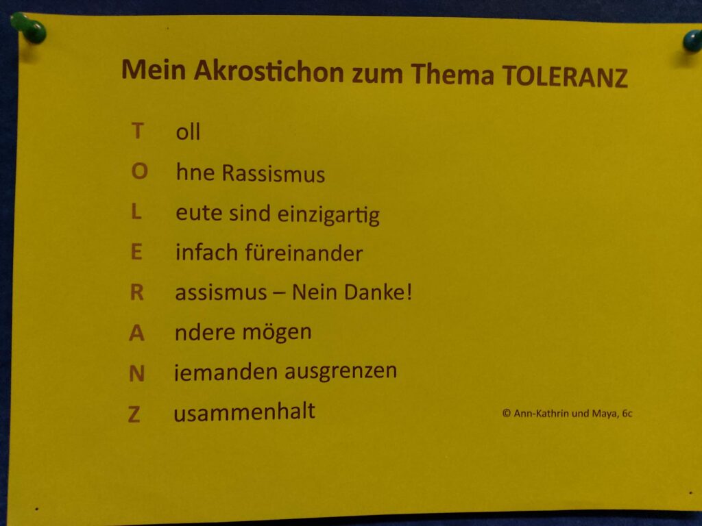 Akrostichon zum Thema Toleranz mit einzelnen Buchstaben und Erklärungen.