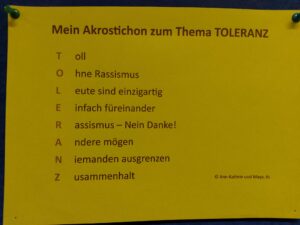 Akrostichon zum Thema Toleranz mit einzelnen Buchstaben und Erklärungen.