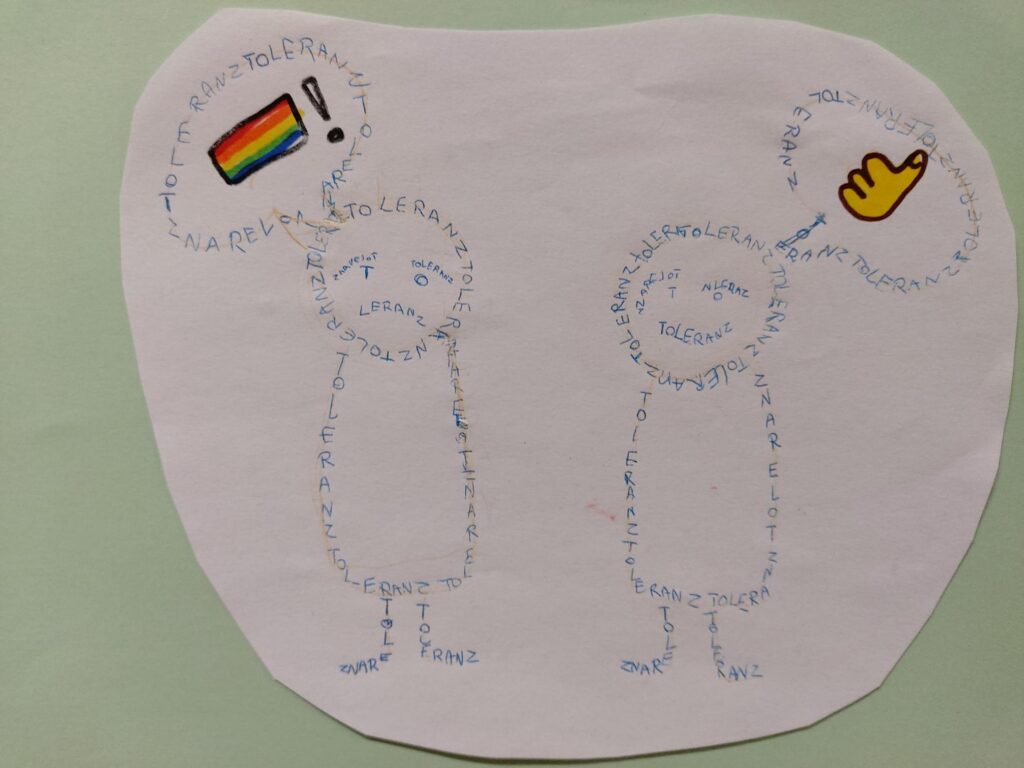 Zwei zeichnerische Figuren mit Sprechblasen und Symbolen.