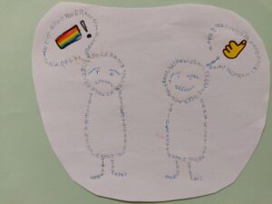 Zwei zeichnerische Figuren mit Sprechblasen und Symbolen.