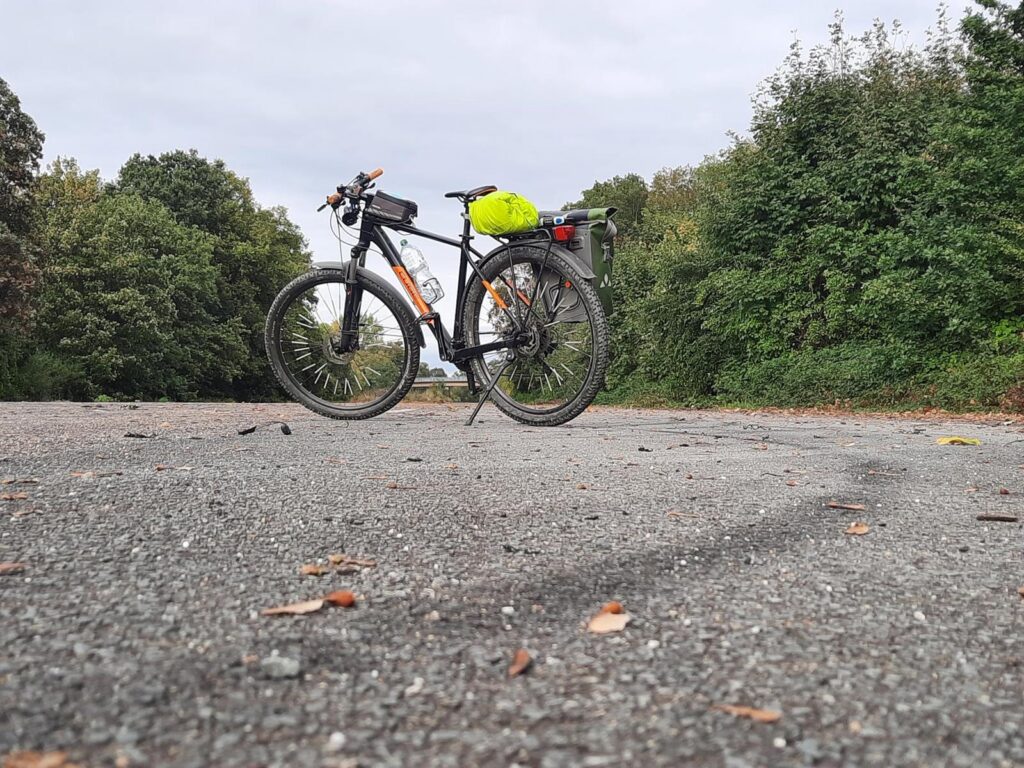 Fahrrad steht auf einem leeren, asphaltierten Weg umgeben von Bäumen.